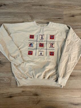 Cream Long Sleeve Crewneck Sweater with Quilted Heart Patchwork